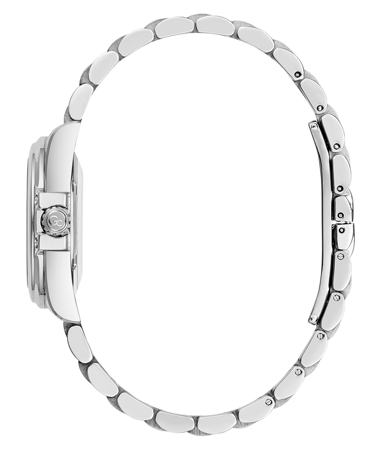 Side of Gc Bolt Lady Mini Small Size Metal Silver watch with a detailed band on a white background