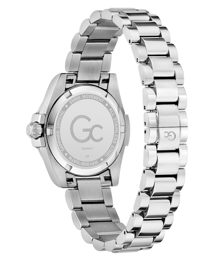 Caseback of Gc Bolt Lady Mini Small Size Metal Silver watch with a detailed face on a white background