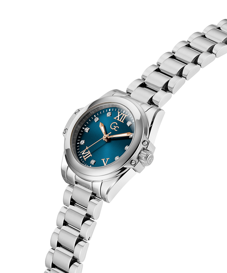 Gc Bolt Lady Mini Small Size Metal Silver watch with a blue dial on a white background lifestyle