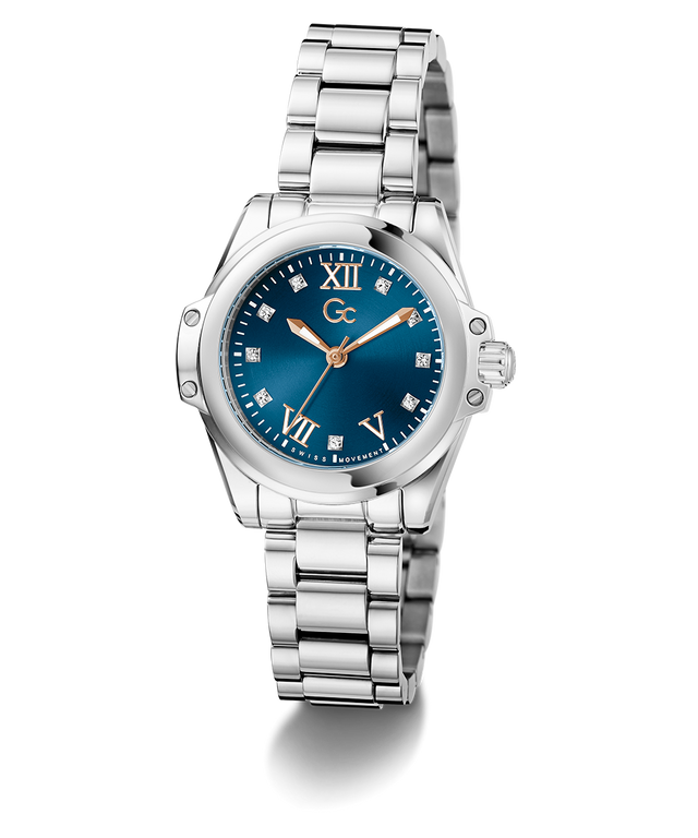 Gc Bolt Lady Mini Small Size Metal Silver watch with a blue dial on a white background