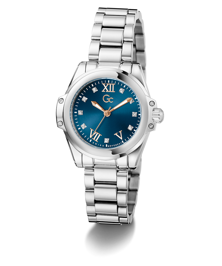 Gc Bolt Lady Mini Small Size Metal Silver watch with a blue dial on a white background