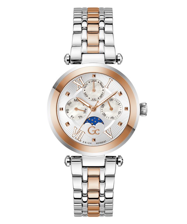 Two-tone watch with Gc TopChic Large Size Metal silver and rose gold band on a white background