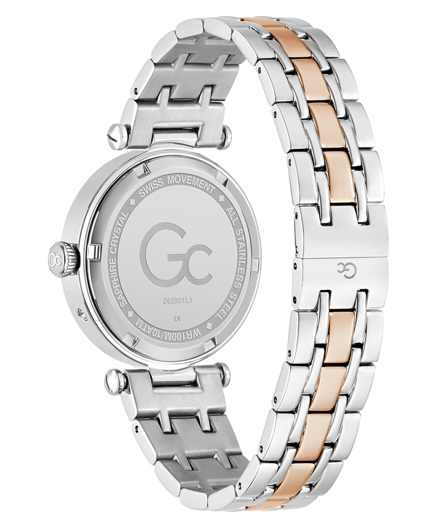 Caseback of Gc TopChic Large Size Metal Two-tone watch with silver and rose gold band on a white background
