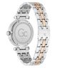 Caseback of Gc TopChic Large Size Metal Two-tone watch with silver and rose gold band on a white background