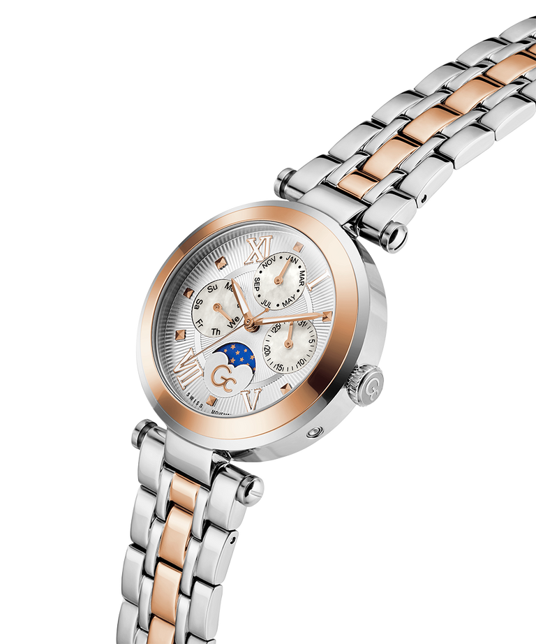 Gc TopChic Large Size Metal Two-tone watch with silver and rose gold band on a white background lifestyle