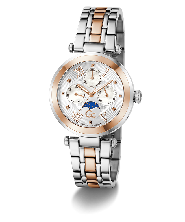 Gc TopChic Large Size Metal Two-tone watch with silver and rose gold band on a white background