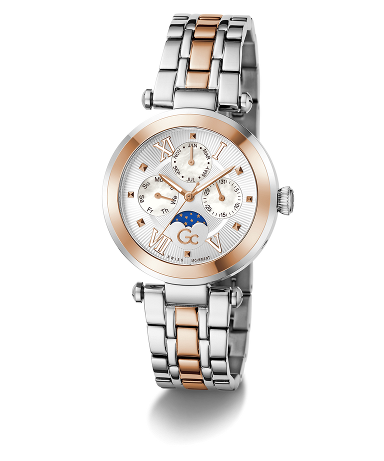 Gc TopChic Large Size Metal Two-tone watch with silver and rose gold band on a white background