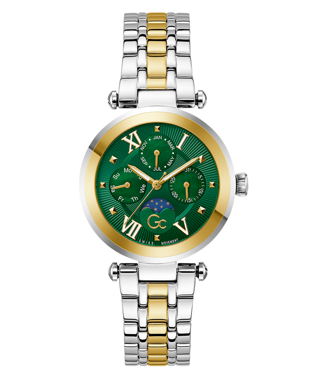 Gc TopChic Large Size Metal Two-tone watch with green face and gold accents on a white background