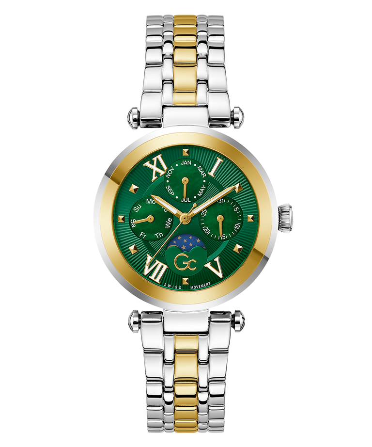 Gc TopChic Large Size Metal Two-tone watch with green face and gold accents on a white background