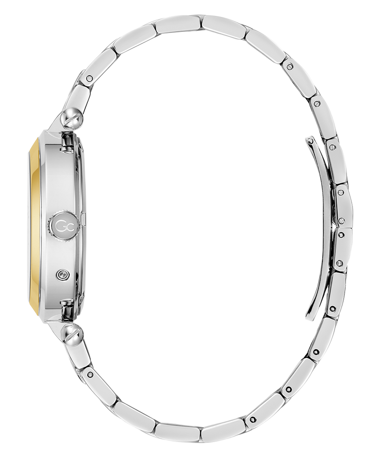 Side of Gc TopChic Large Size Metal Silver watch with a gold accent on a white background