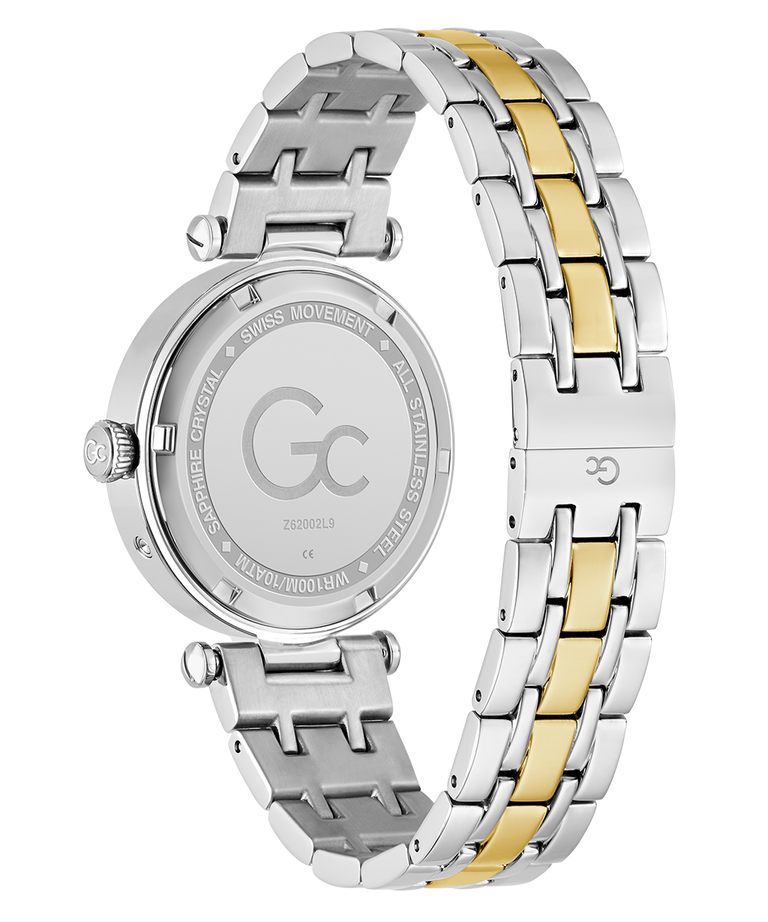 Caseback of Gc TopChic Large Size Metal Two-tone watch with silver and gold band on a white background