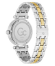 Caseback of Gc TopChic Large Size Metal Two-tone watch with silver and gold band on a white background