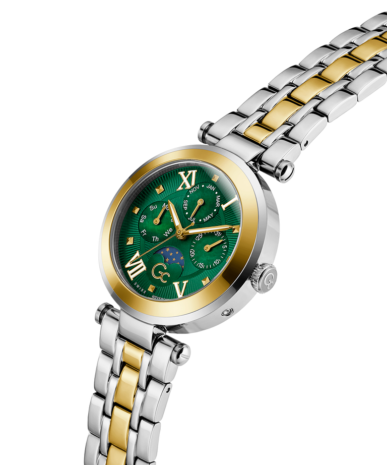 Gc TopChic Large Size Metal Two-tone watch with green face and gold accents on a white background lifestyle