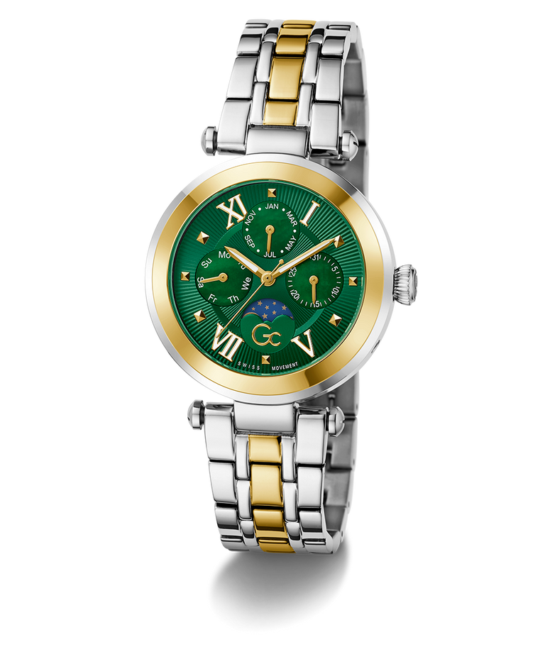 Gc TopChic Large Size Metal Two-tone watch with a green face on a white background