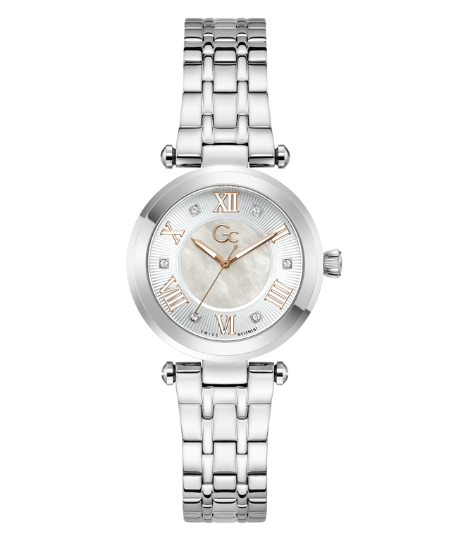 Gc TopChic Mid Size Metal watch with a white face and brand logo on a white background