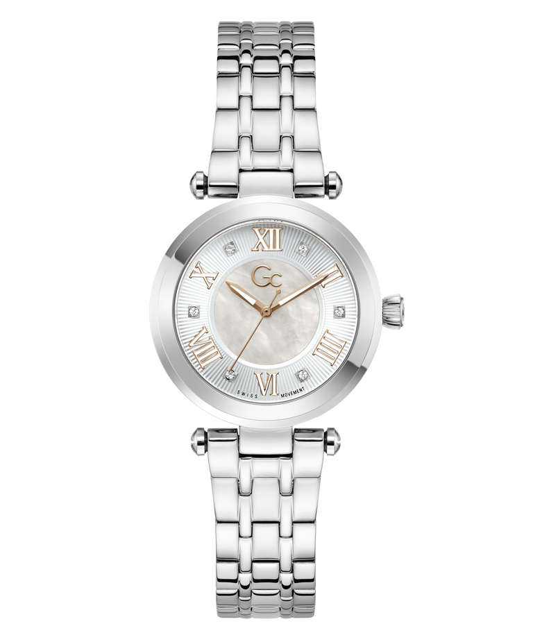 Gc TopChic Mid Size Metal watch with a white face and brand logo on a white background