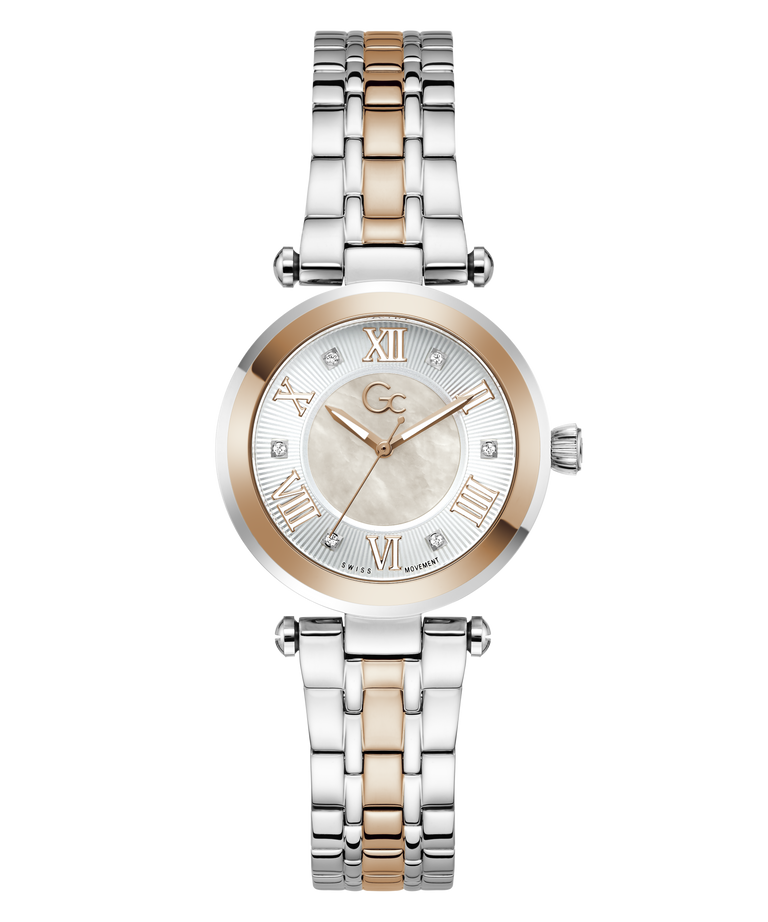 Two-tone Gc TopChic Mid Size Metal watch with silver and rose gold band on a white background