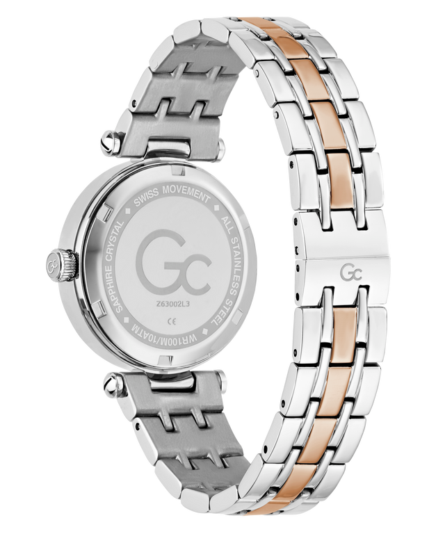 Two-tone Gc TopChic Mid Size Metal watch with silver and rose gold band on a white background