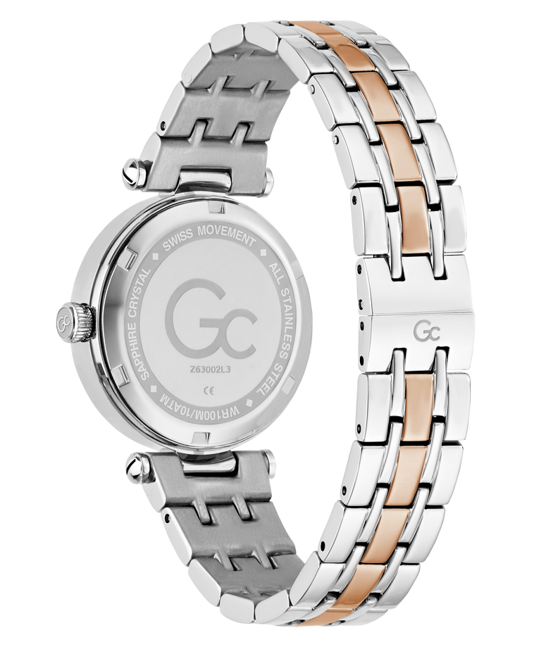 Two-tone Gc TopChic Mid Size Metal watch with silver and rose gold band on a white background