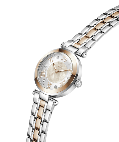 Gc TopChic Mid Size Metal Wristwatch with two-tone metal strap on a white background lifestyle
