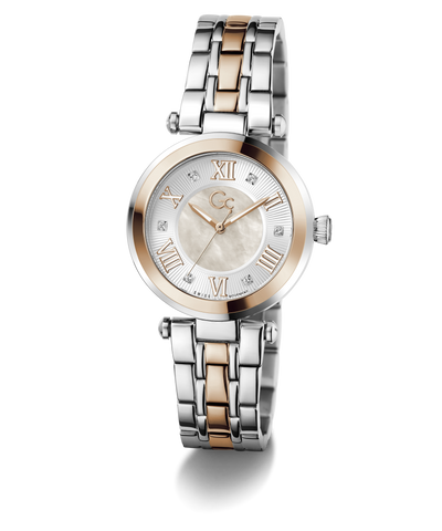 Two-tone Gc TopChic Mid Size Metal watch with silver and rose gold band on a white background