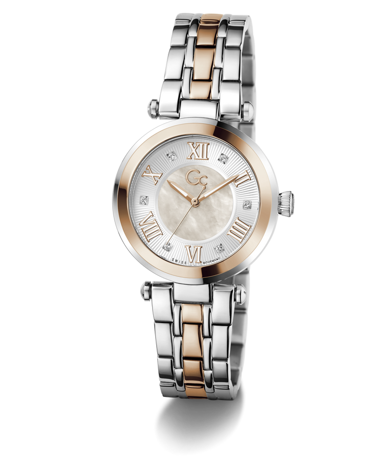 Two-tone Gc TopChic Mid Size Metal watch with silver and rose gold band on a white background