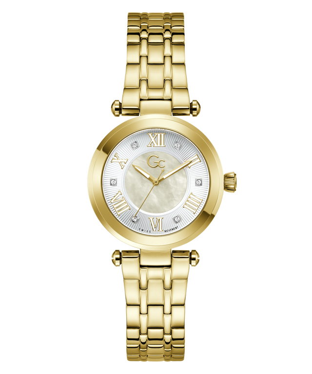 Gold Gc TopChic Mid Size Metal wristwatch with a white face and brand logo on a white background