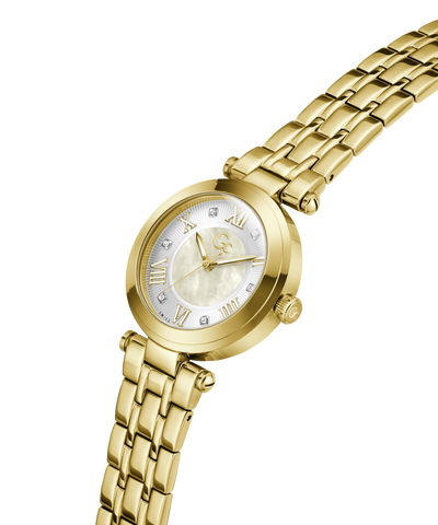 Gold Gc TopChic Mid Size Metal wristwatch with a white face on a white background lifestyle