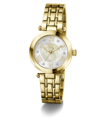 Gold Gc TopChic Mid Size Metal watch with a white face and Roman numerals on a white background