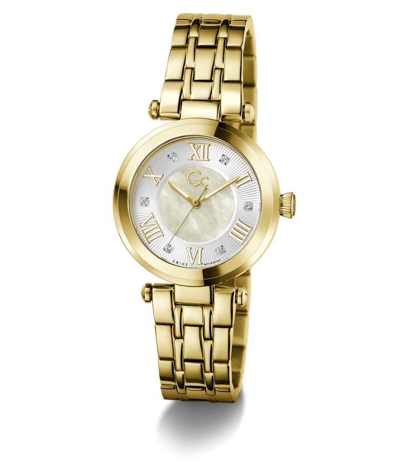 Gold Gc TopChic Mid Size Metal watch with a white face and Roman numerals on a white background
