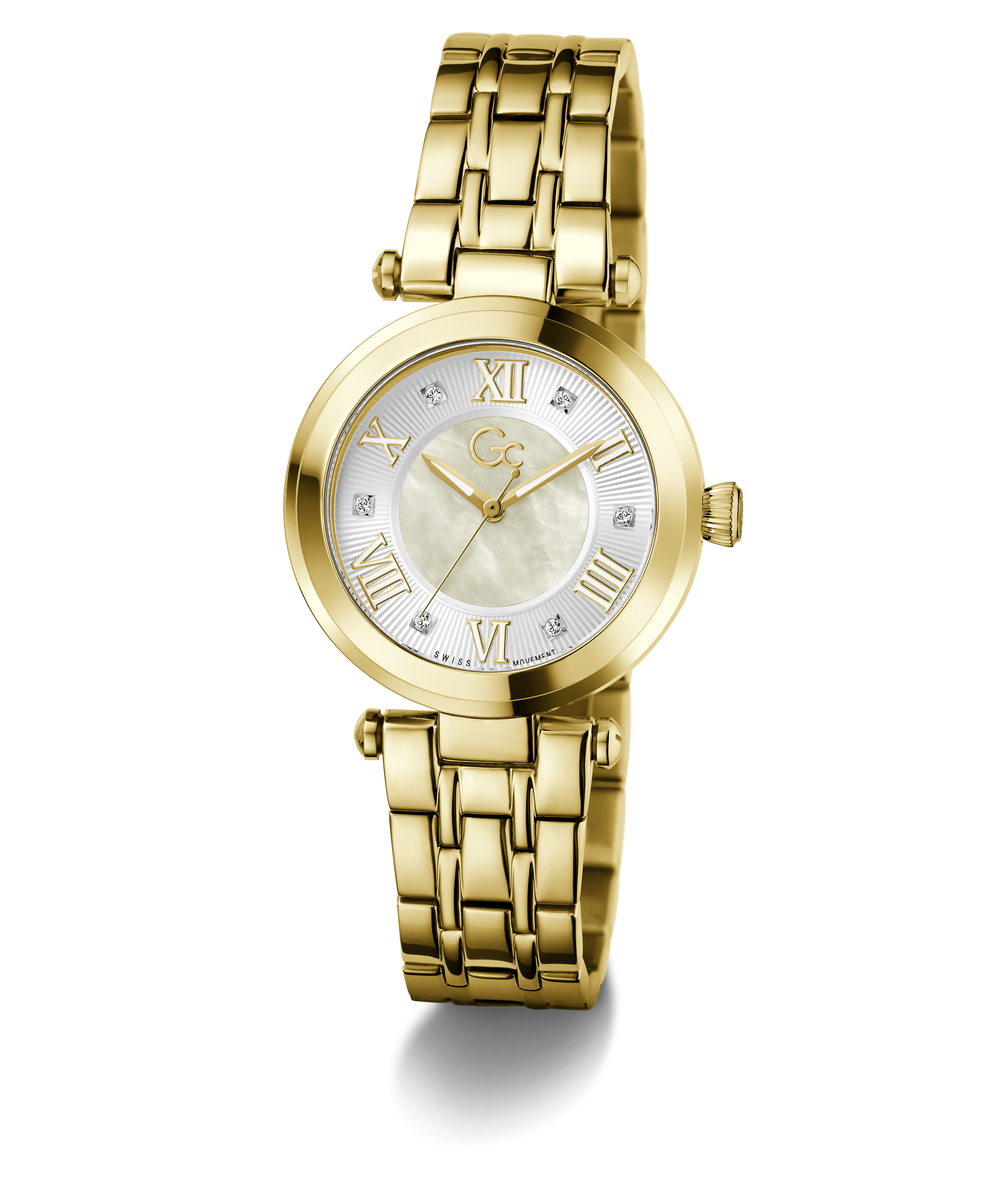 Gold Gc TopChic Mid Size Metal watch with a white face and Roman numerals on a white background