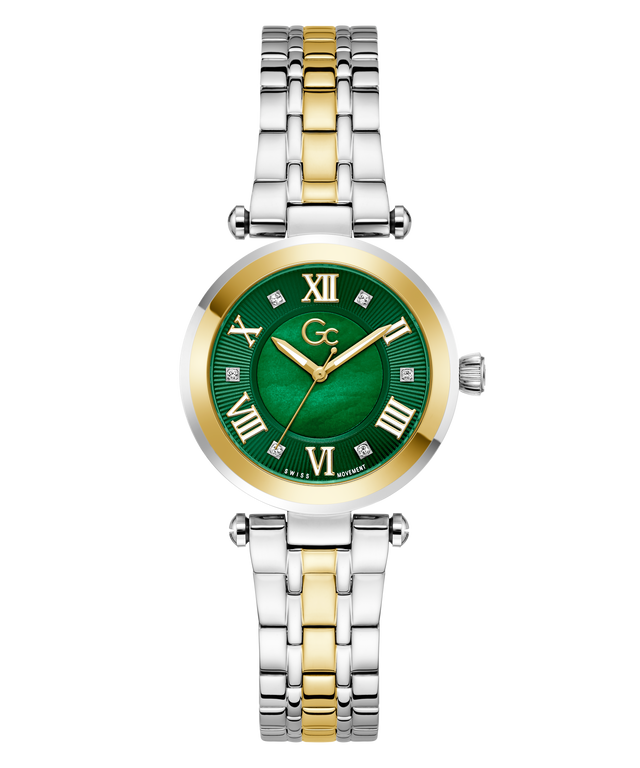 Two-tone Gc TopChic Mid Size Metal watch with green face and gold accents on a white background