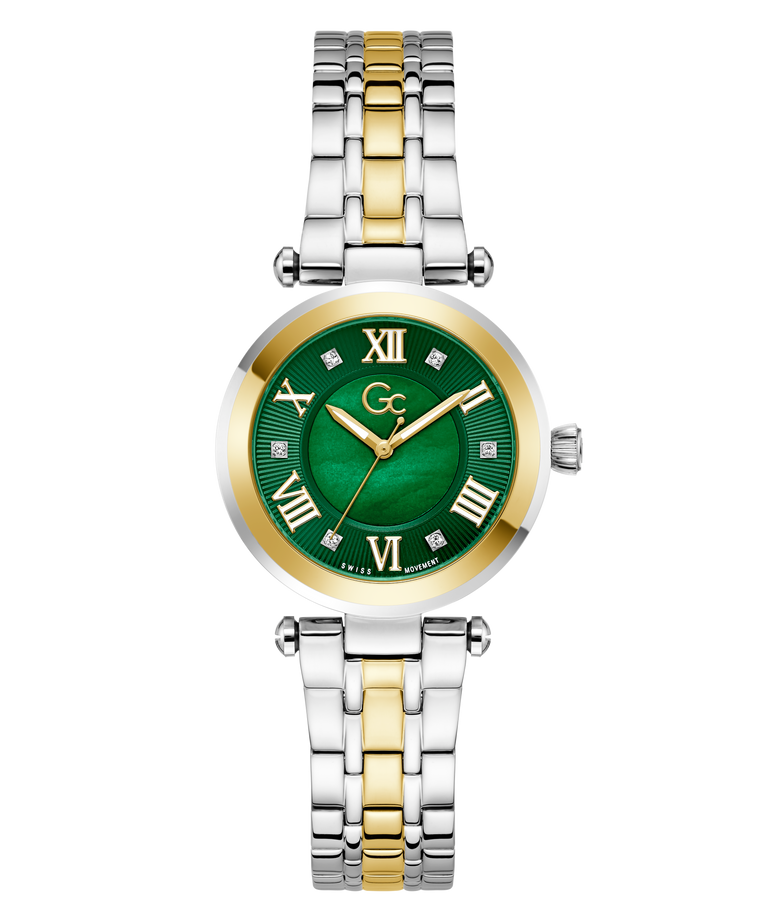 Two-tone Gc TopChic Mid Size Metal watch with green face and gold accents on a white background
