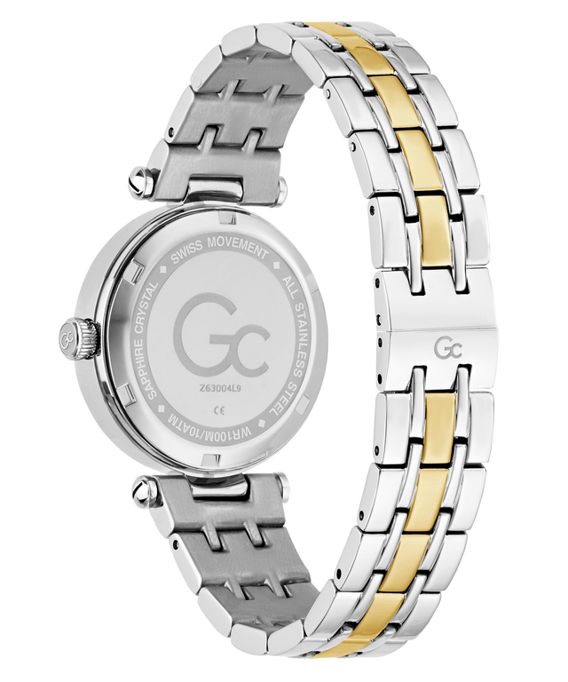 Two-tone silver and gold Gc TopChic Mid Size Metal watch with 'GC' branding on a white background