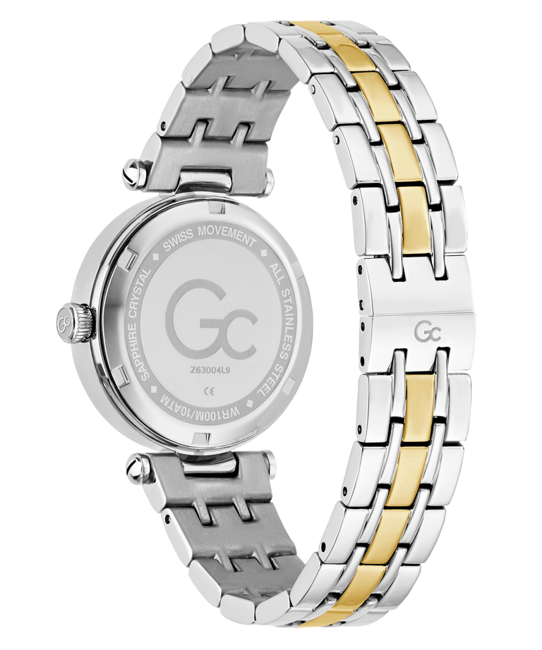 Two-tone silver and gold Gc TopChic Mid Size Metal watch with 'GC' branding on a white background
