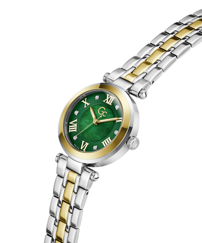 Gc TopChic Mid Size Metal Wristwatch with green dial and two-tone metal strap on a white background lifestyle