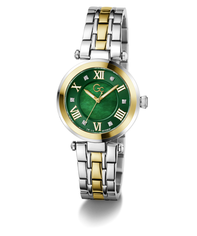 Two-tone Gc TopChic Mid Size Metal watch with green face and gold accents on a white background