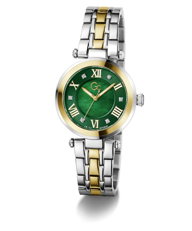 Two-tone Gc TopChic Mid Size Metal watch with green face and gold accents on a white background