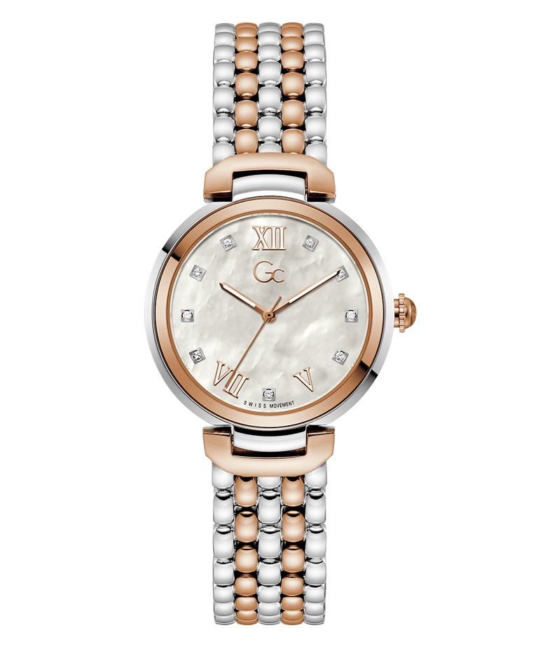 Gc Allure Mid Size Metal Two-tone watch with rose gold and silver bracelet on a white background