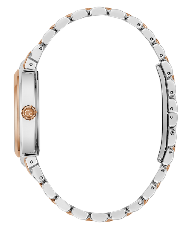 side of a silver and rose gold watch band on a white background