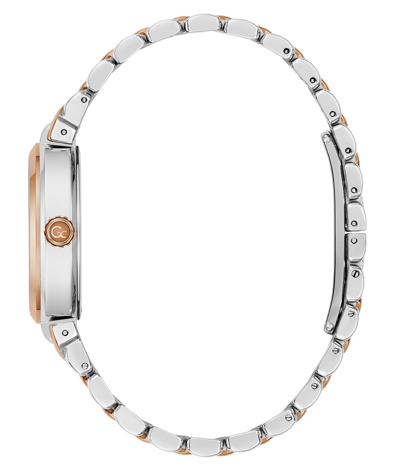 side of a silver and rose gold watch band on a white background
