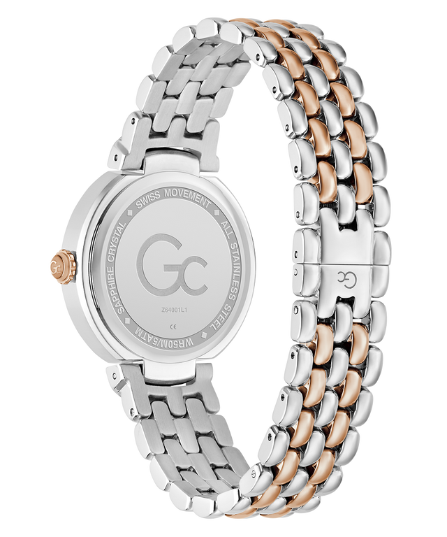 Caseback of Gc Allure Mid Size Metal Two-tone watch with silver and rose gold band on a white background