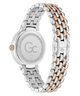 Caseback of Gc Allure Mid Size Metal Two-tone watch with silver and rose gold band on a white background
