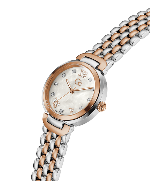Gc Allure Mid Size Metal Watch with two-tone metal strap on a white background lifestyle