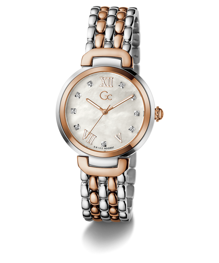 Gc Allure Mid Size Metal Two-tone watch with rose gold and silver band on a white background