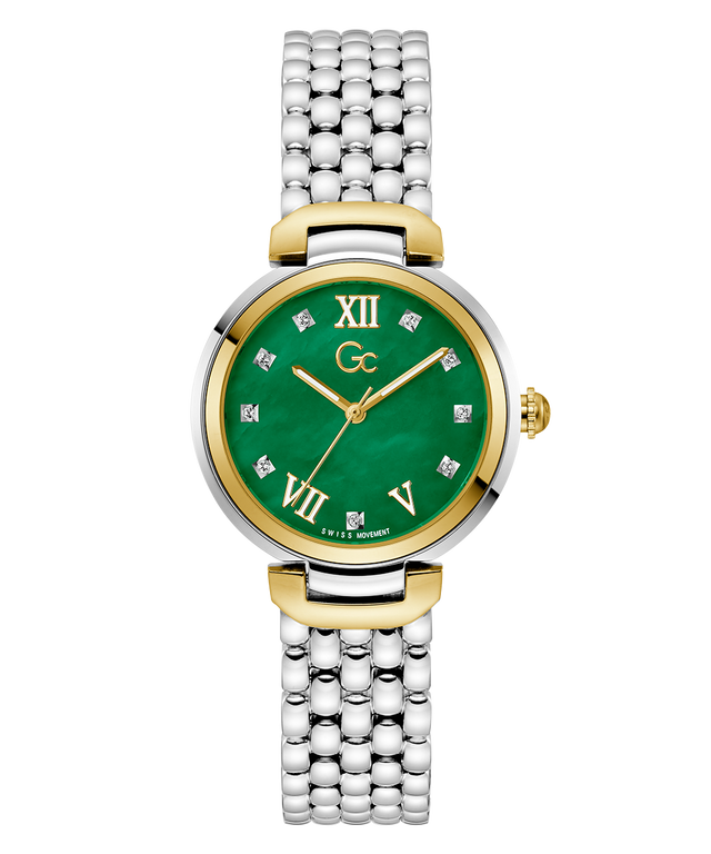 Gc Allure Mid Size Metal Watch with green dial and silver and gold bracelet on white background