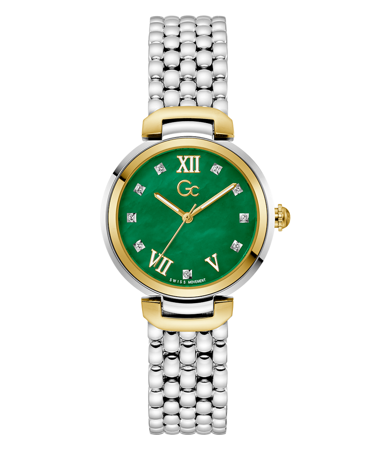 Gc Allure Mid Size Metal Watch with green dial and silver and gold bracelet on white background