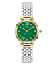 Gc Allure Mid Size Metal Watch with green dial and silver and gold bracelet on white background