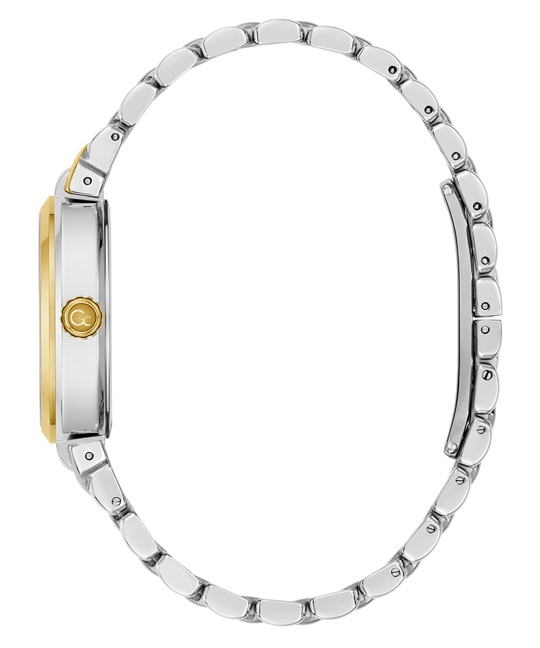 Side of a Gc Allure Mid Size Metal watch with a gold and silver band on a white background