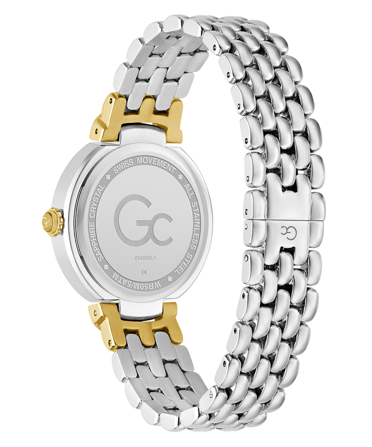 Caseback of Gc Allure Mid Size Metal Watch with a silver and gold band on a white background